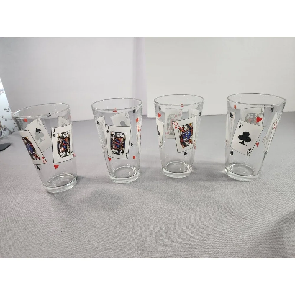 Vintage 6-Piece Playing Card Casino Glassware Set Tumblers Bowl & Tray